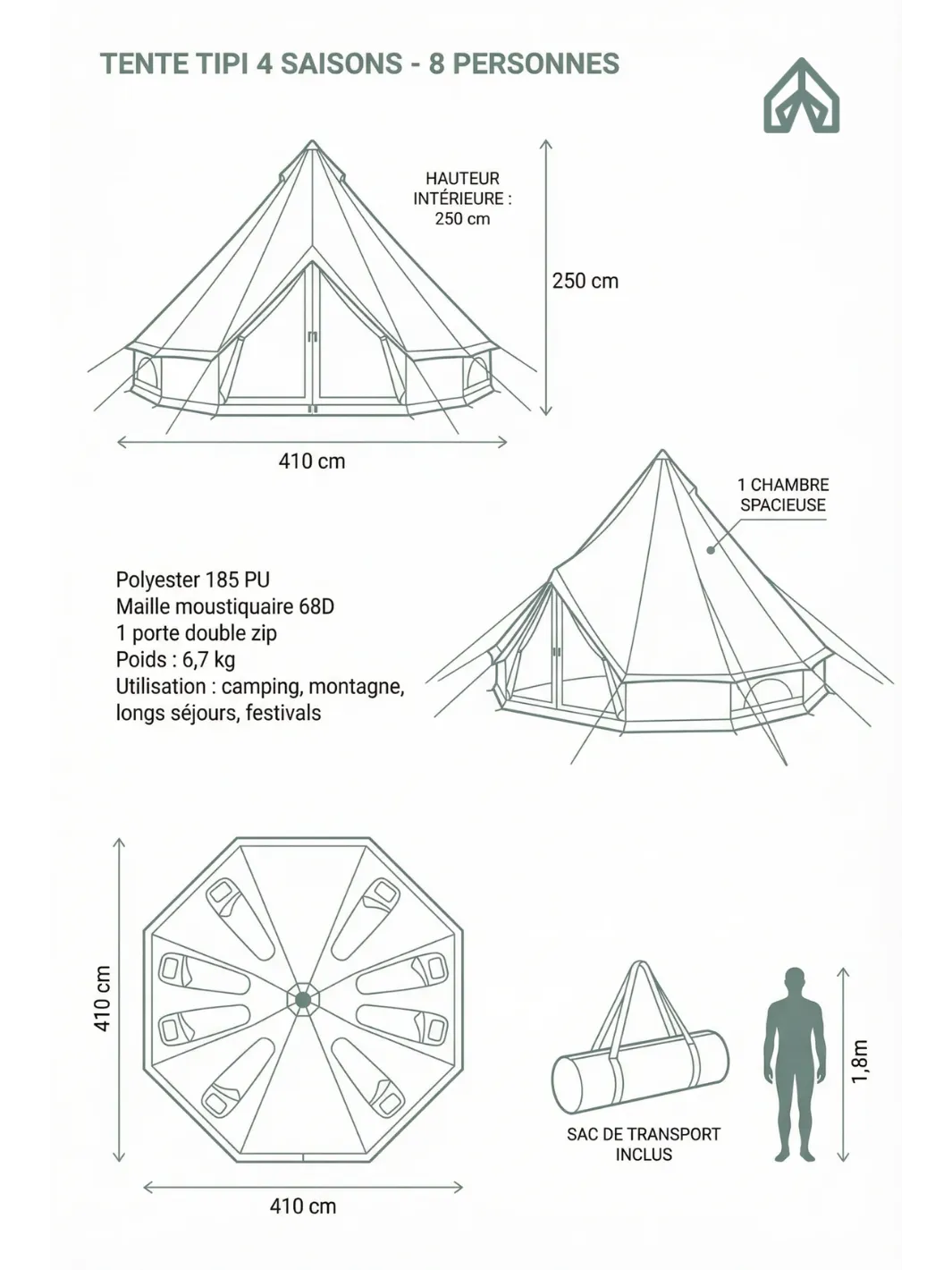 Tente Tipi 8 Personnes 4 Saisons Confortable