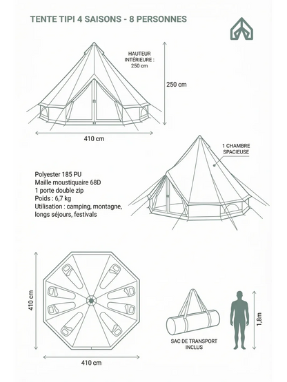 Tente Tipi 8 Personnes 4 Saisons Confortable